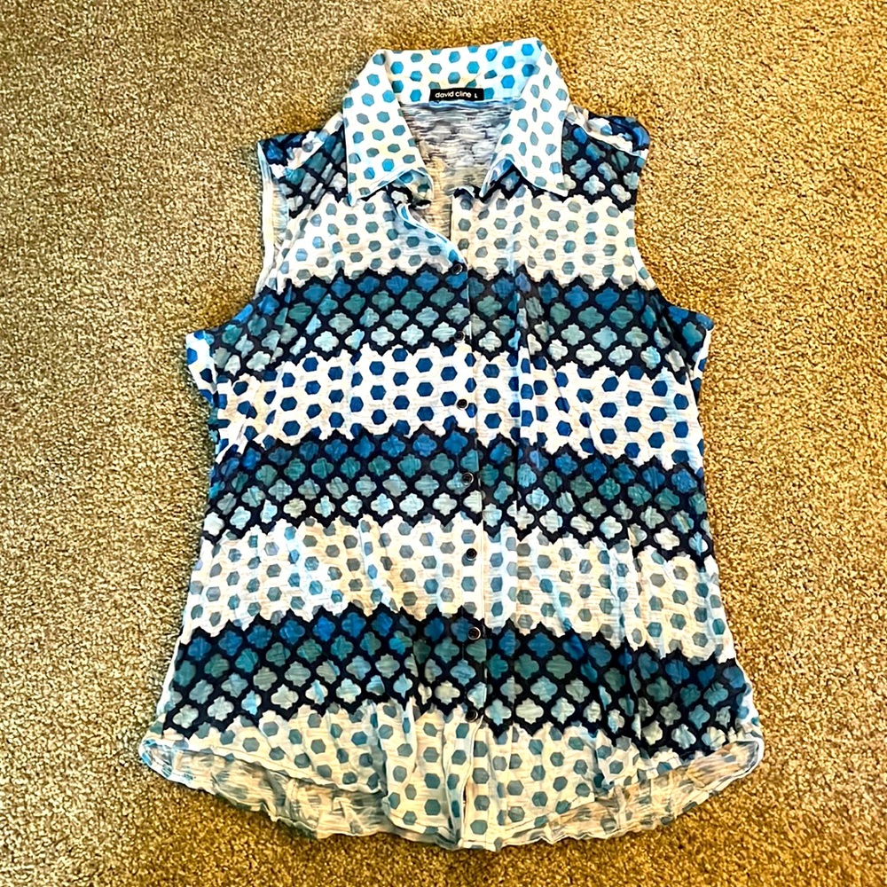 Casual sleeveless collared blouse NWOT, L, blue/white